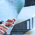 A man working on a laptop with pharmacy analytics overlaying the image.